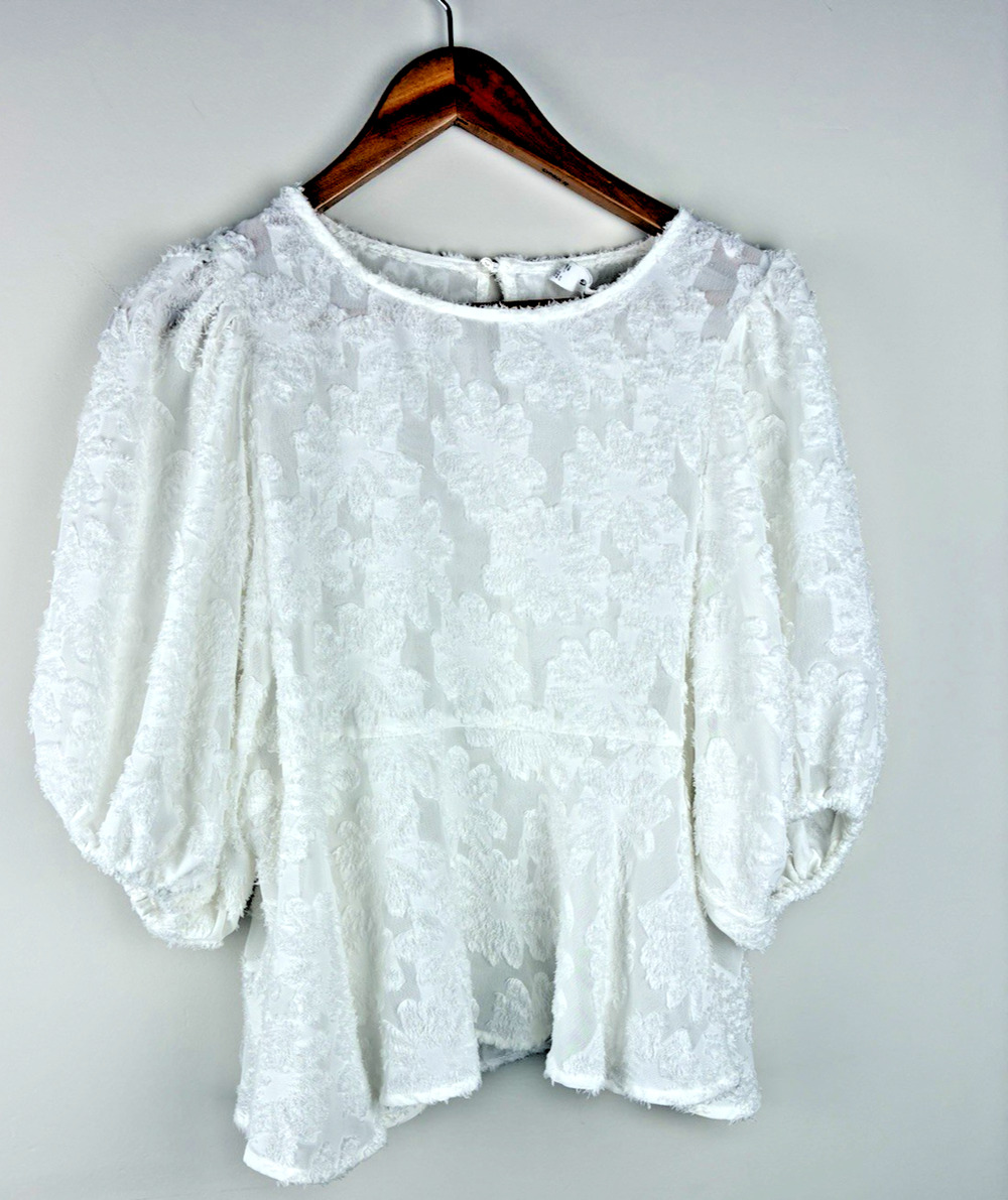 MANGO MNG Womens M US 6 White Textured Floral Puff Sleeve Peplum Blouse Romantic